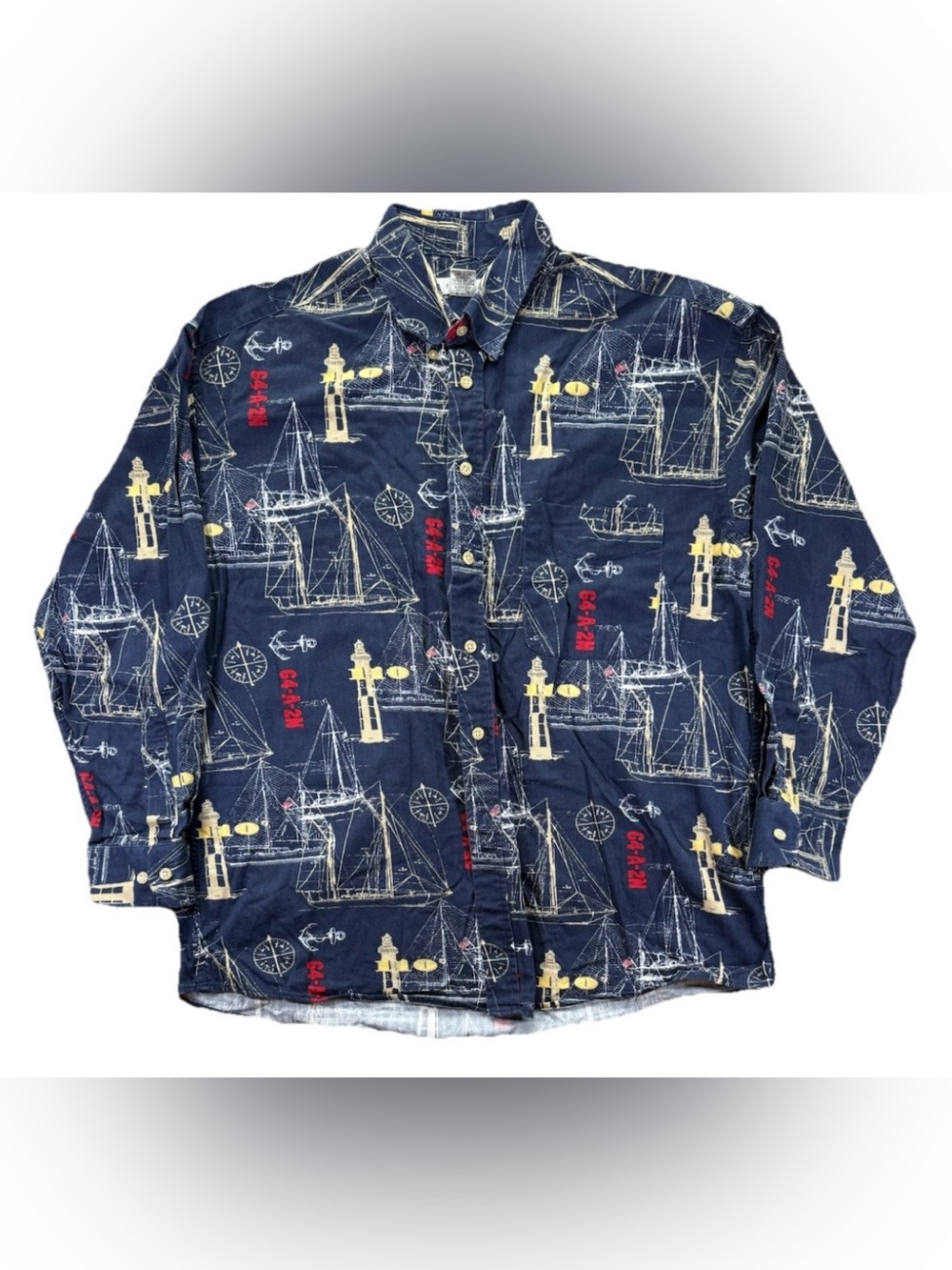 Vintage 90s Nautical Sailboat Button Up Long Sleeve Shirt Men's Large Blue AOP